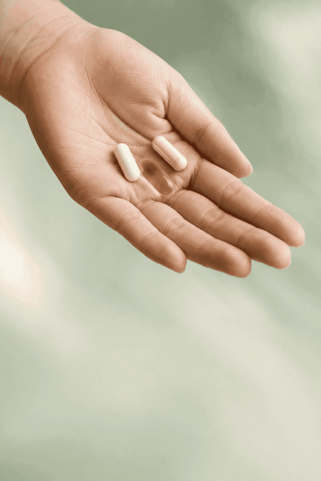An open hand holding pharmaceutical capsules